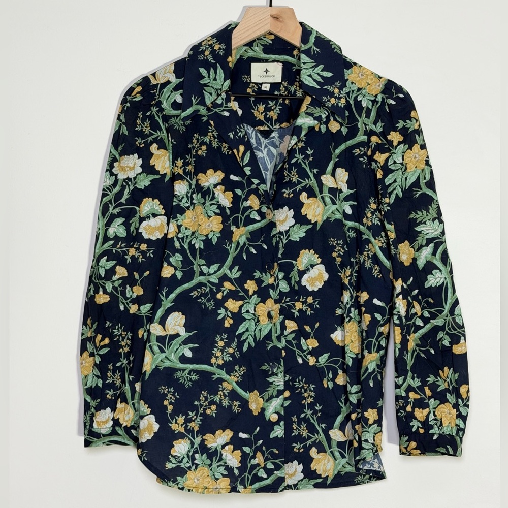 Tuckernuck Blue & Yellow Floral 3/4 Sleeve 100% Cotton Blouse Size Medium